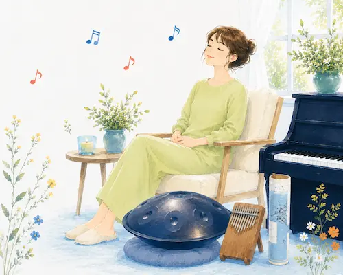 ひたちなか市のサウンドセラピー｜子育てや仕事に疲れた女性がリラックスしながらピアノを楽しむ癒しの音楽空間